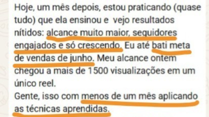 Mensagem sobre 1.500 visualizações em um reel e meta de vendas batida