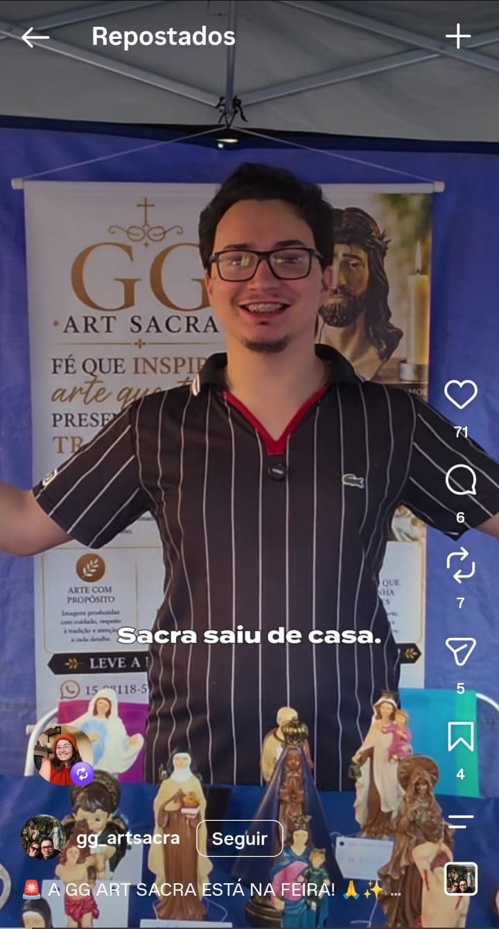 Reel da GG Art Sacra na feira, 71 curtidas e 6 comentários