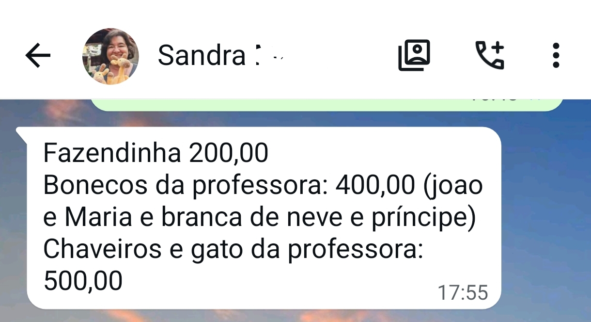 Mensagem da Sandra com as encomendas e os valores