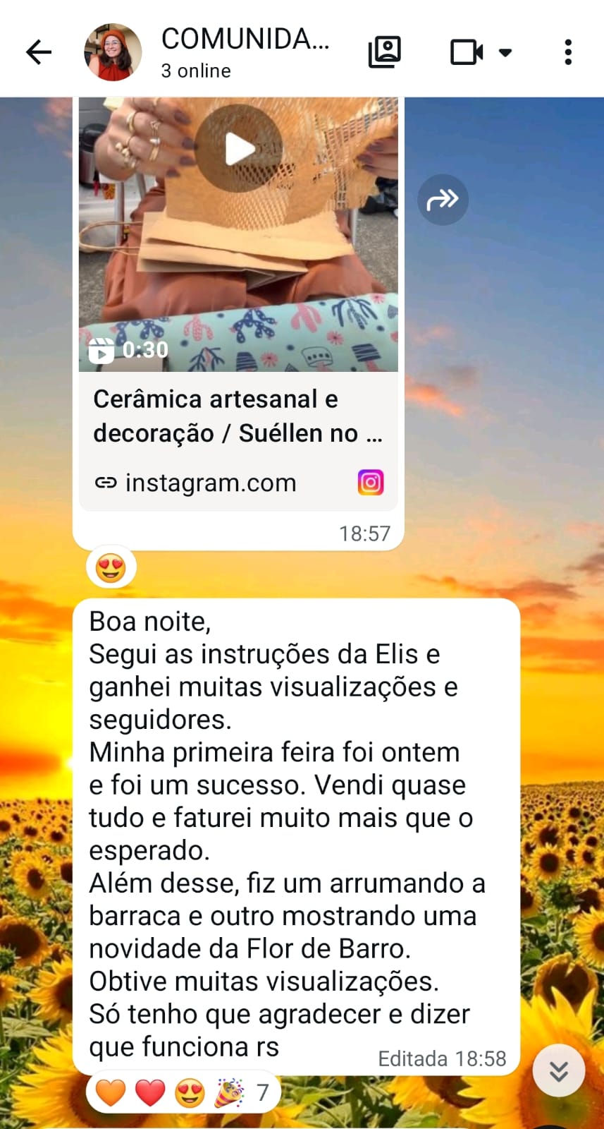 Mensagem da Suéllen sobre a primeira feira